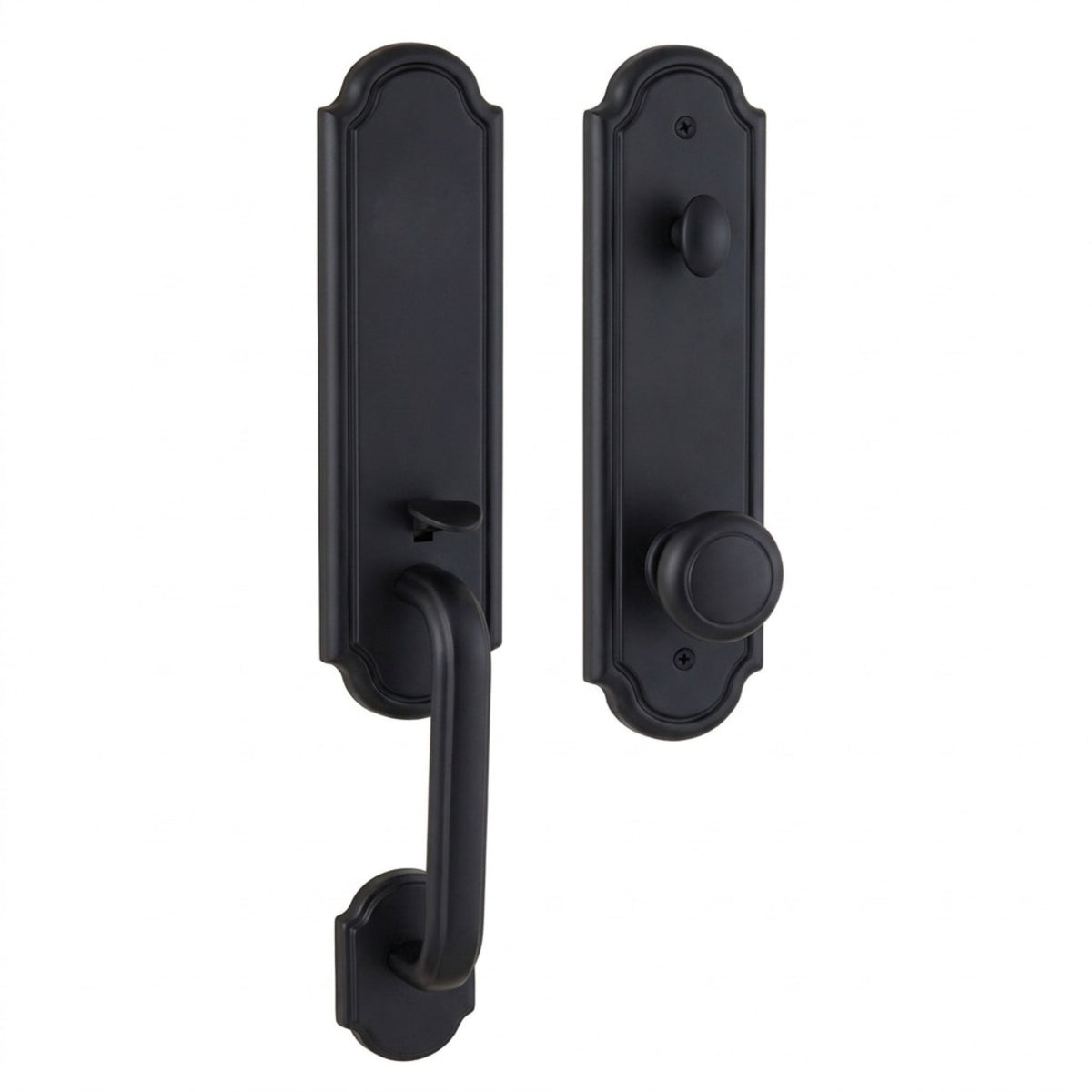 Estate handleset in matte black finish, dummy (non-locking) function, shown from both interior and exterior sides with an arched backplate, thumb-latch grip handle, and round knob.