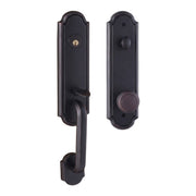 Estate handleset in oil-rubbed bronze finish, active (keyed) function, shown from both interior and exterior sides with an arched backplate, keyed cylinder, thumb-latch grip handle, and round knob.