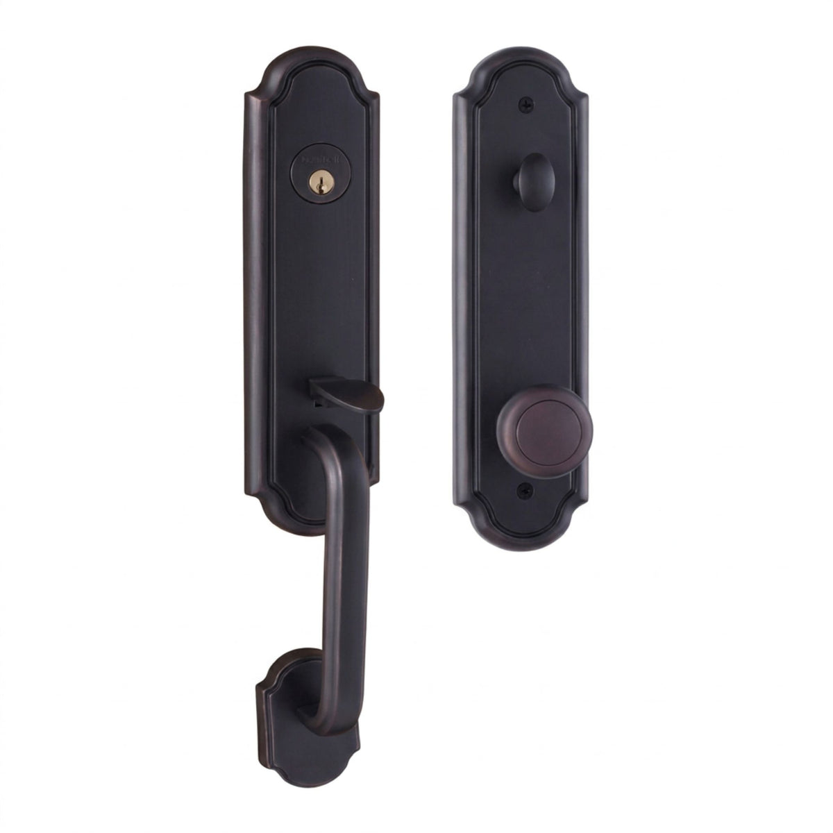 Estate handleset in oil-rubbed bronze finish, active (keyed) function, shown from both interior and exterior sides with an arched backplate, keyed cylinder, thumb-latch grip handle, and round knob.