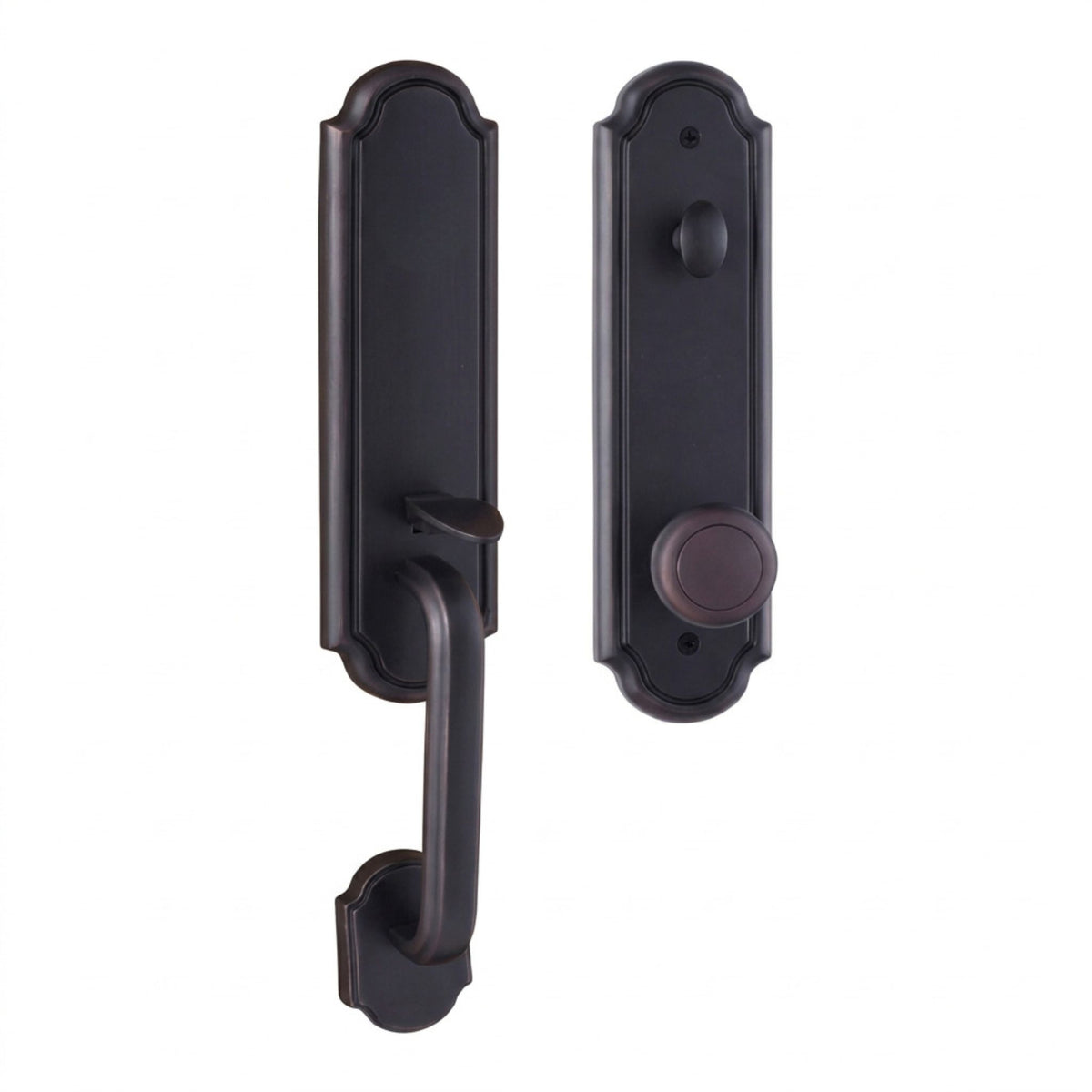 Estate handleset in oil-rubbed bronze finish, dummy (non-locking) function, shown from both interior and exterior sides with an arched backplate, thumb-latch grip handle, and round knob.