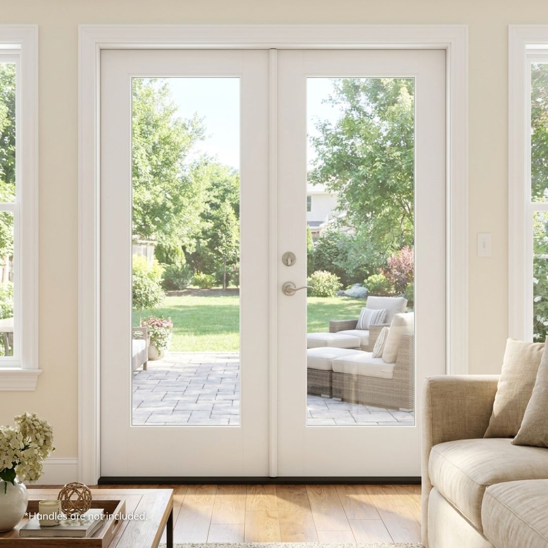 Fiberglass flush-glaze double entry door in a white finish with full-lite clear glass panels, shown from the interior looking out onto a patio and backyard, styled with a beige living room setting.