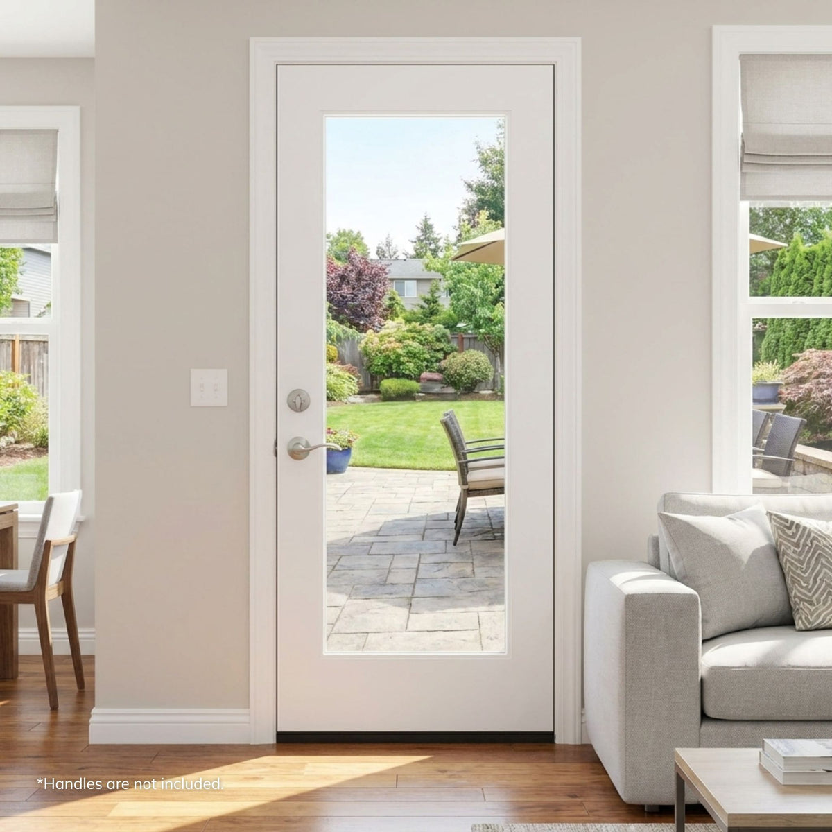 Fiberglass flush-glaze single entry door in a white finish with a full-lite clear glass panel, shown from the interior looking out onto a patio, styled with a neutral living room setting.