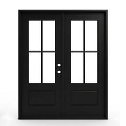 4-lite SDL fiberglass double entry door 60x80 inches, left-hand inswing, matte black finish with SDL clear glass divided light panels and raised bottom panels on both doors