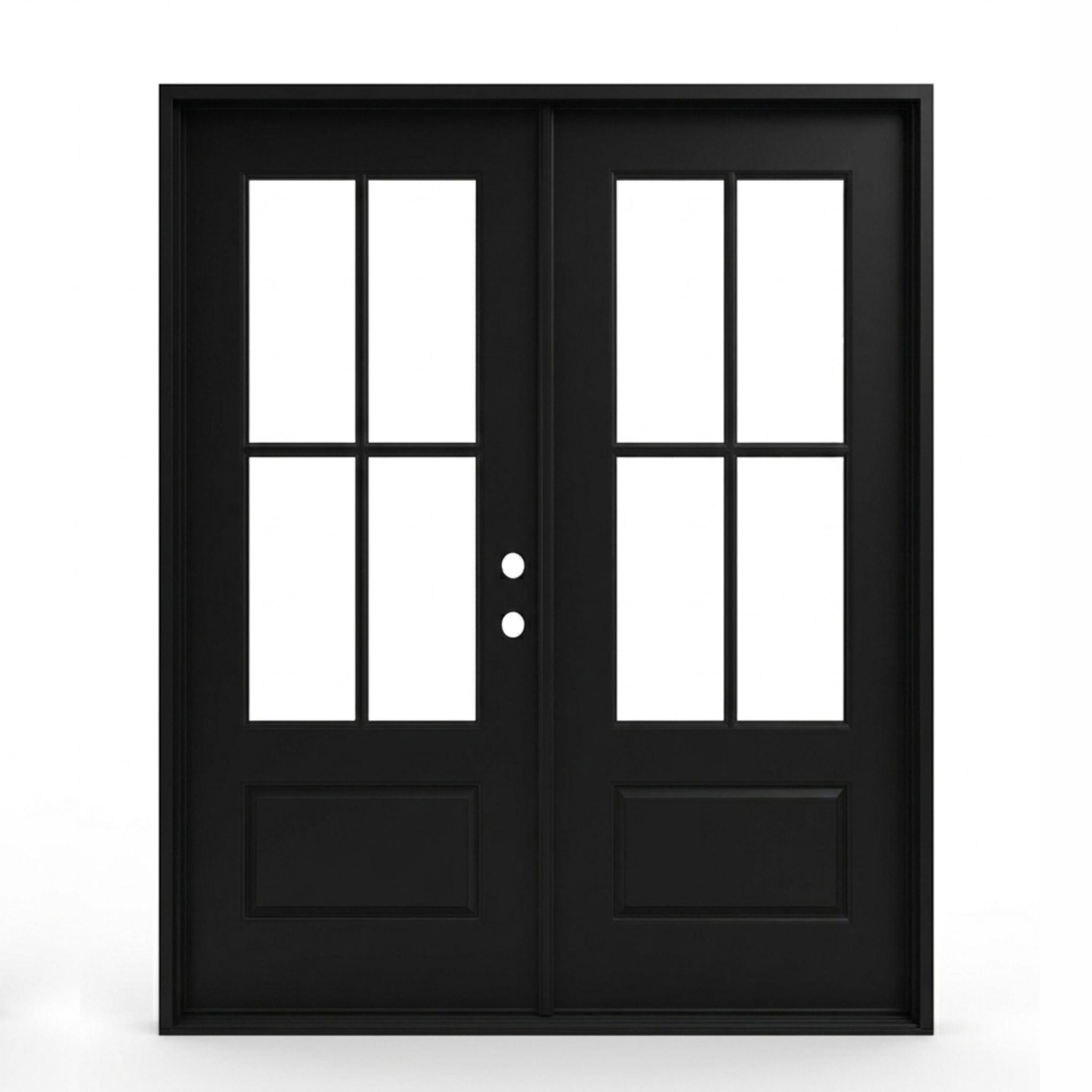 4-lite SDL fiberglass double entry door 60x80 inches, left-hand inswing, matte black finish with SDL clear glass divided light panels and raised bottom panels on both doors