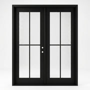 4-lite SDL fiberglass double entry door 60x80 inches, left-hand inswing, matte black finish with SDL divided light water glass panels on both doors, square top frame with minimalist profile