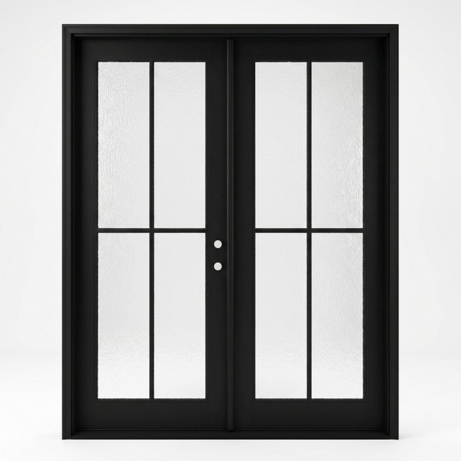 4-lite SDL fiberglass double entry door 60x80 inches, left-hand inswing, matte black finish with SDL divided light water glass panels on both doors, square top frame with minimalist profile