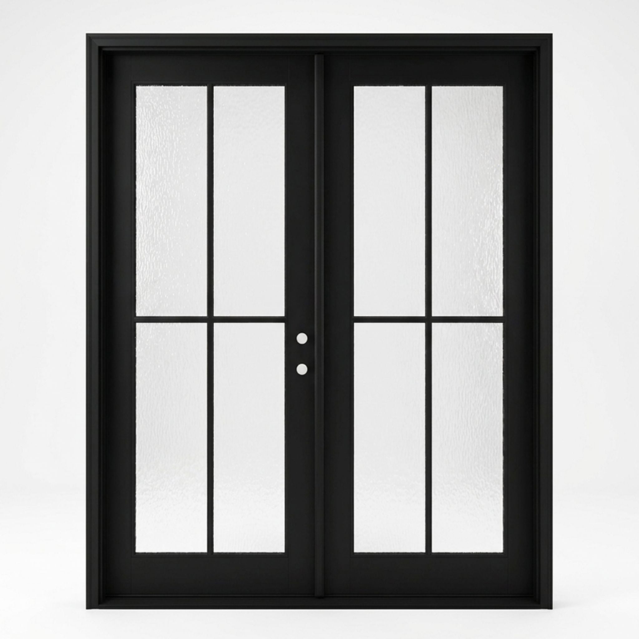 4-lite SDL fiberglass double entry door 60x80 inches, left-hand inswing, matte black finish with SDL divided light water glass panels on both doors, square top frame with minimalist profile