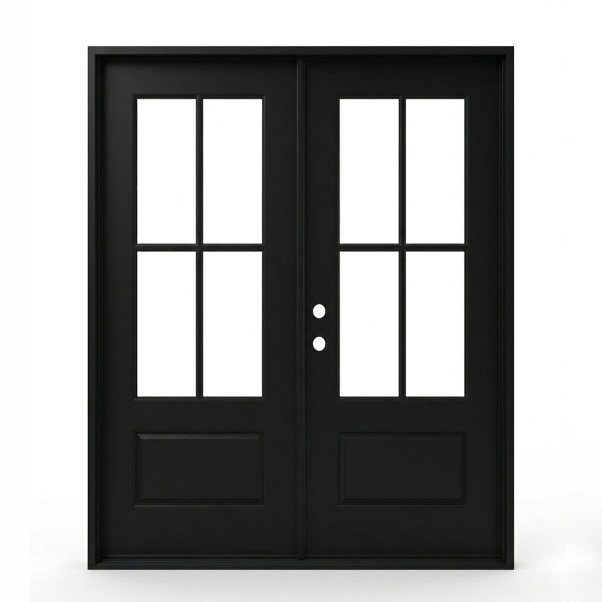 4-lite SDL fiberglass double entry door 60x80 inches, right-hand inswing, matte black finish with SDL clear glass divided light panels and raised bottom panels on both doors