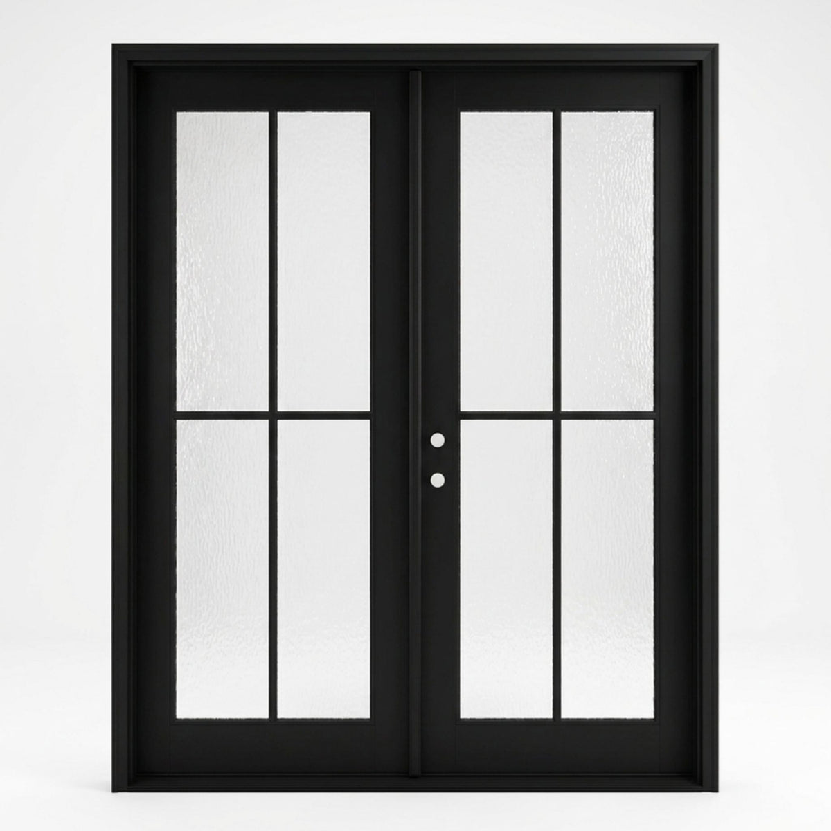 4-lite SDL fiberglass double entry door 60x80 inches, right-hand inswing, matte black finish with SDL divided light water glass panels on both doors, square top frame with minimalist profile