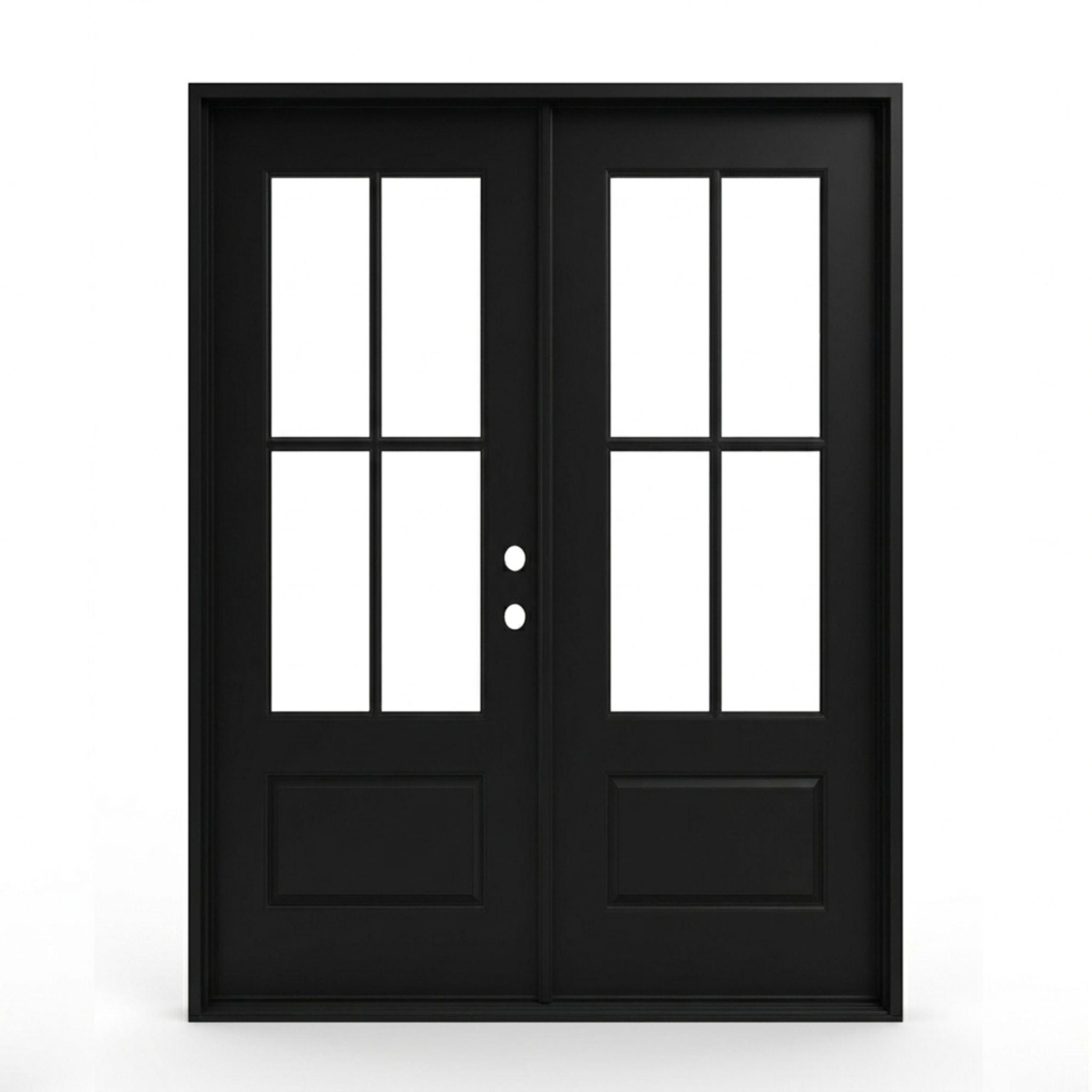 4-lite SDL fiberglass double entry door 60x92 inches, left-hand inswing, matte black finish with SDL clear glass divided light panels and raised bottom panels on both doors