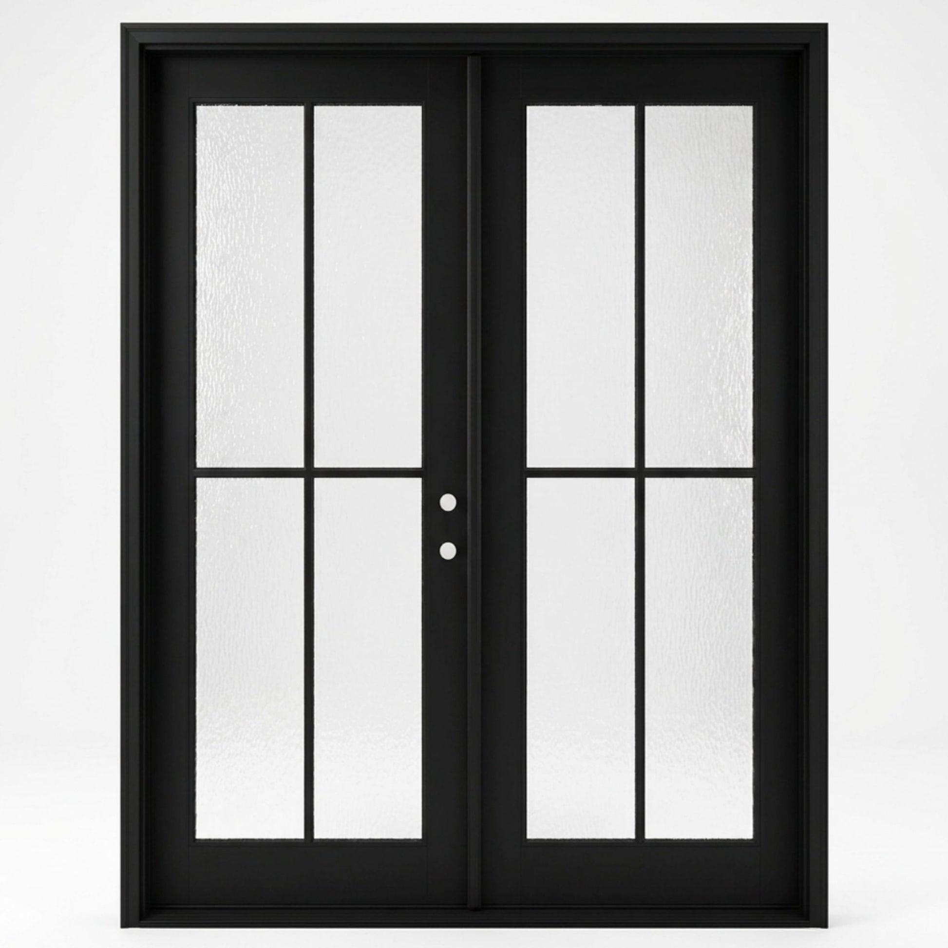 4-lite SDL fiberglass double entry door 60x92 inches, left-hand inswing, matte black finish with SDL divided light water glass panels on both doors, clean contemporary frame profile