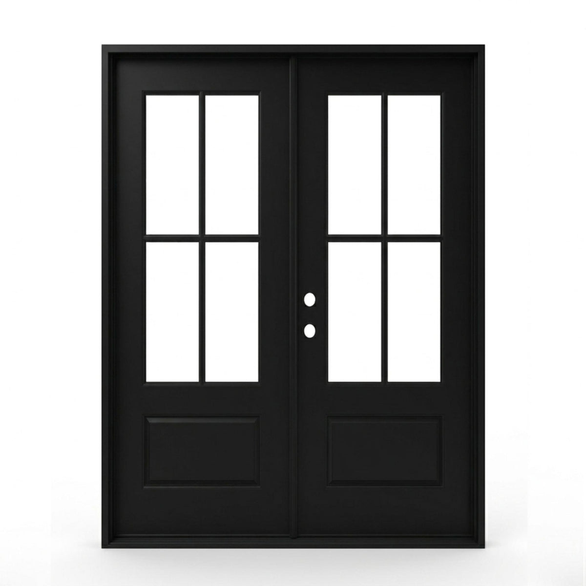 4-lite SDL fiberglass double entry door 60x92 inches, right-hand inswing, matte black finish with SDL clear glass divided light panels and raised bottom panels on both doors