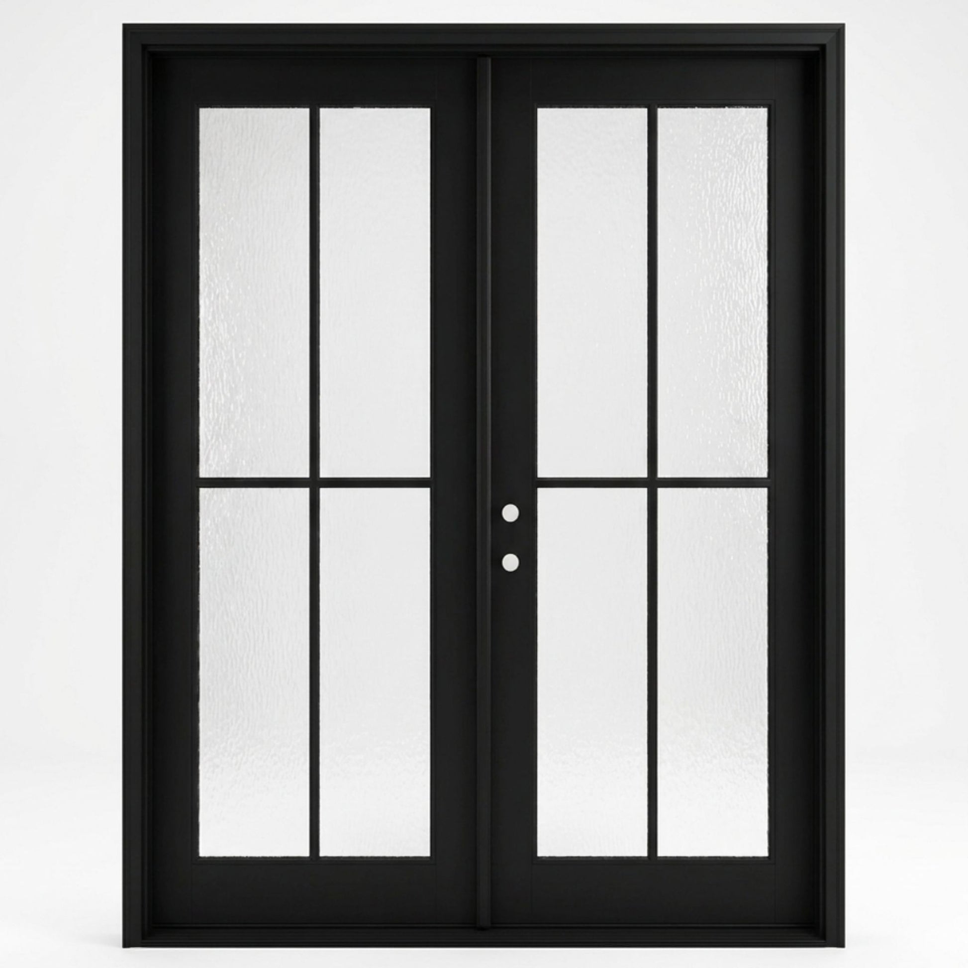 4-lite SDL fiberglass double entry door 60x92 inches, right-hand inswing, matte black finish with SDL divided light water glass panels on both doors, clean contemporary frame profile