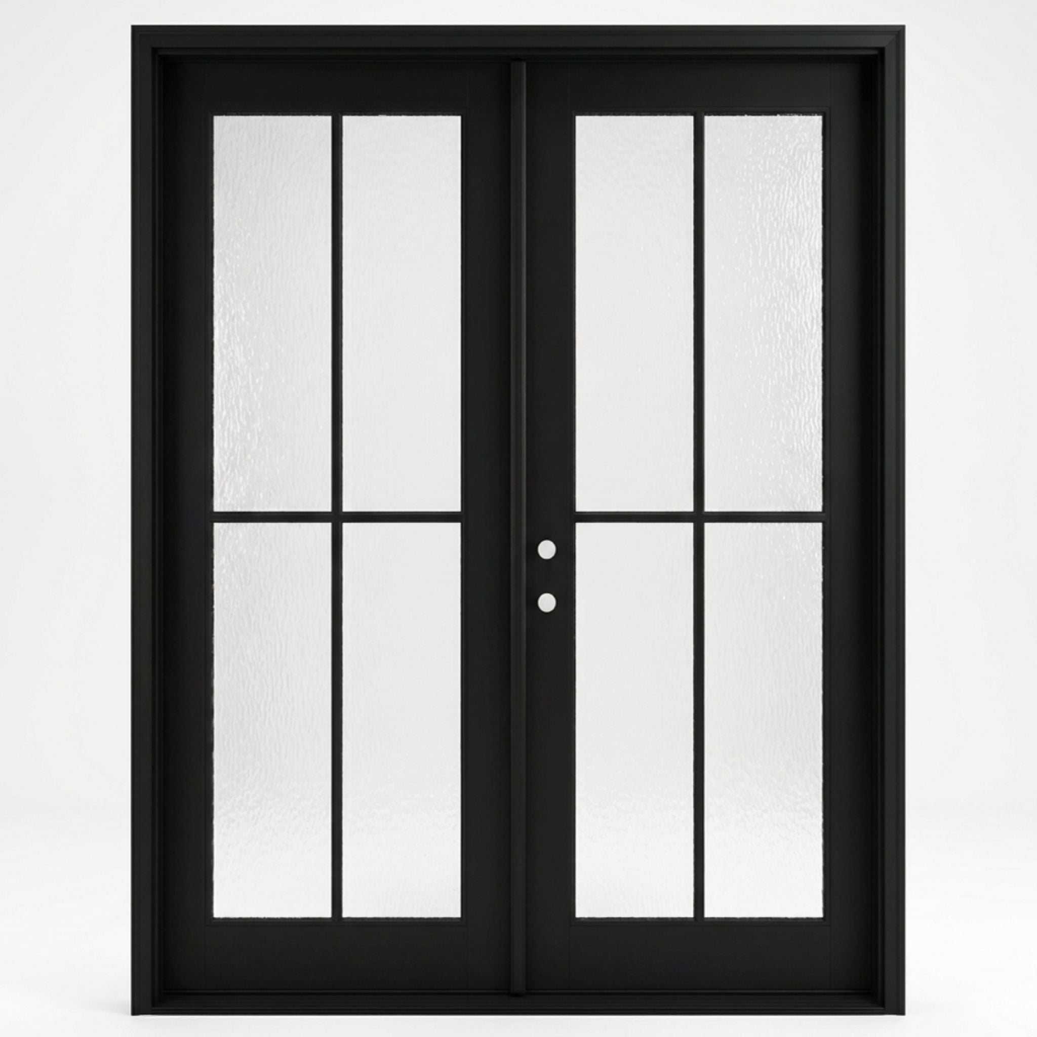 4-lite SDL fiberglass double entry door 60x92 inches, right-hand inswing, matte black finish with SDL divided light water glass panels on both doors, clean contemporary frame profile