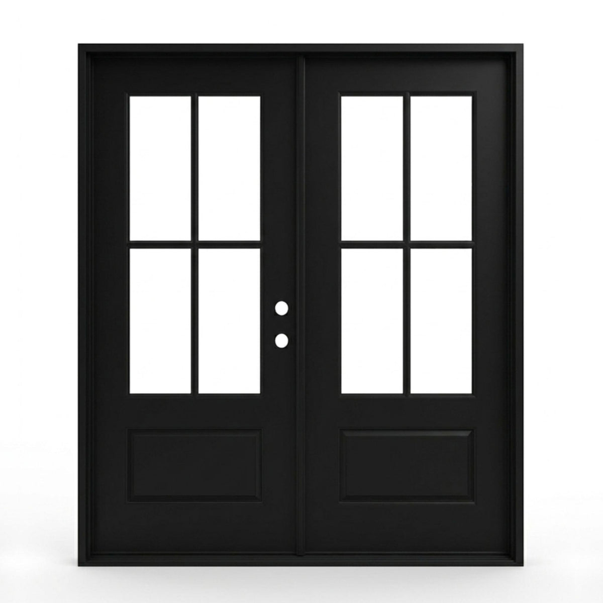 4-lite SDL fiberglass double entry door 72x96 inches, left-hand inswing, matte black finish with SDL clear glass divided light panels and raised bottom panels on both doors