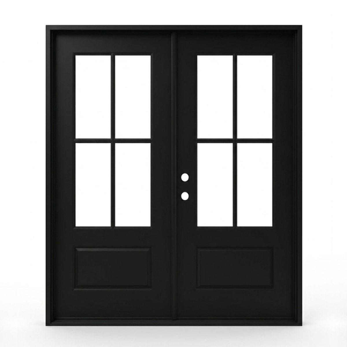 4-lite SDL fiberglass double entry door 72x96 inches, right-hand inswing, matte black finish with SDL clear glass divided light panels and raised bottom panels on both doors