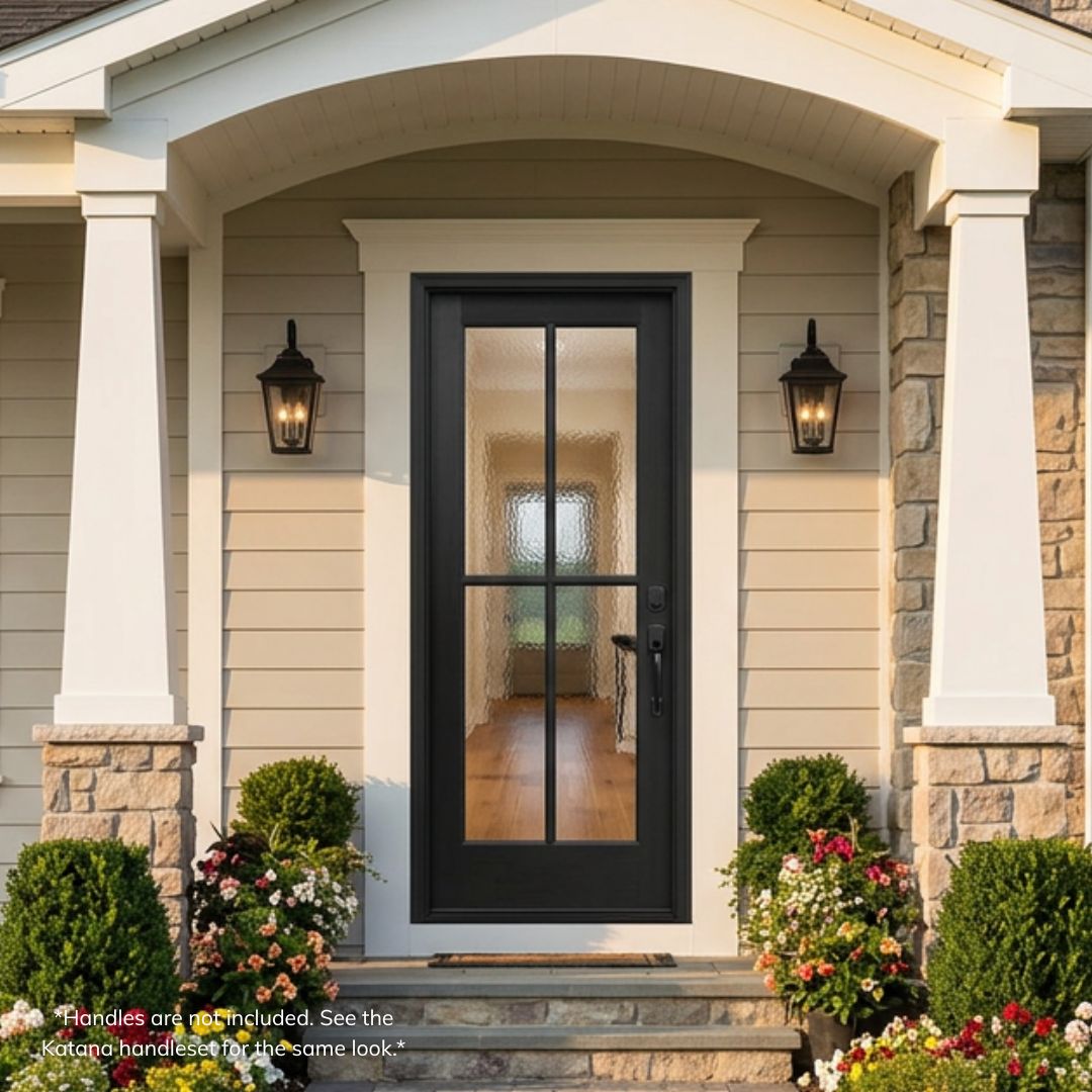 Fiberglass 4-lite SDL single entry door, matte black finish with water glass, installed on a craftsman-style stone and siding suburban home exterior with lantern sconces