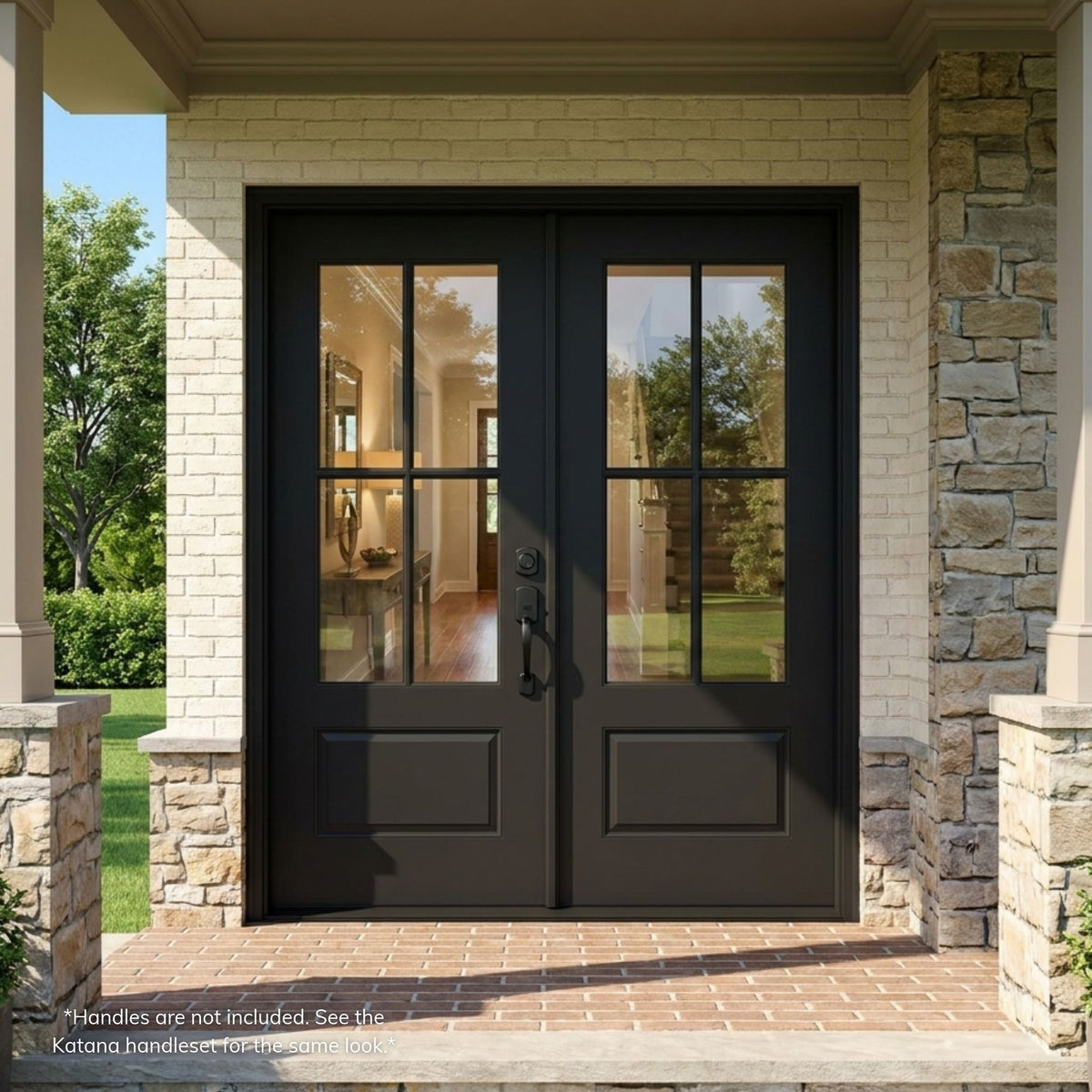 Black fiberglass double entry door with 4-lite simulated divided lite clear glass over raised bottom panels, on a brick and stacked stone home with a covered porch