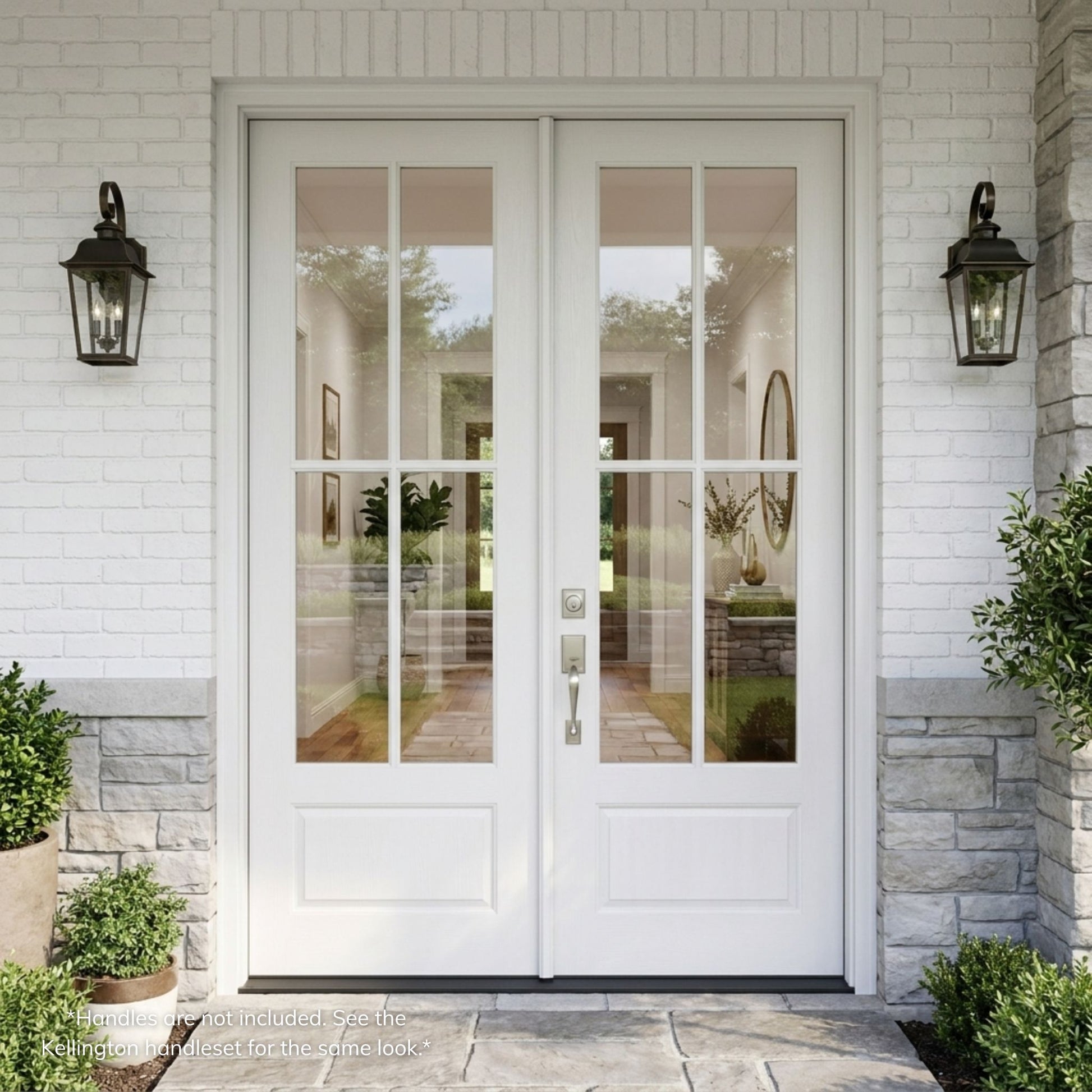 Fiberglass 4-lite SDL double entry door, primed white finish with mahogany wood grain texture and clear glass, installed on a white brick and stone home exterior