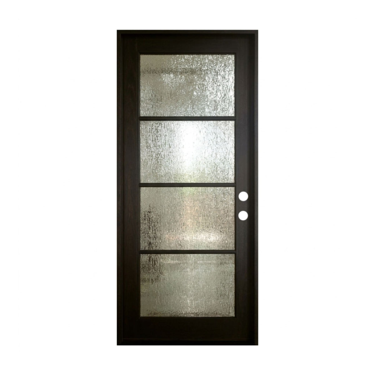 A dark brown interior door with four textured, rain glass panels shown against a plain white background.