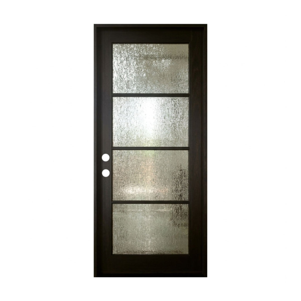 A dark brown interior door with four textured, rain glass panels, right hand inswing,  shown against a plain white background.