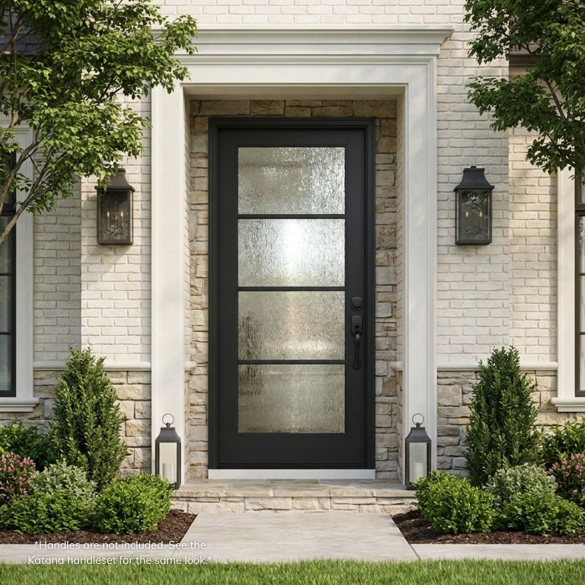 Fiberglass single entry door in a matte black finish with a 4-lite vertical frosted rain glass grille, installed on a stone and brick home flanked by lantern sconces.