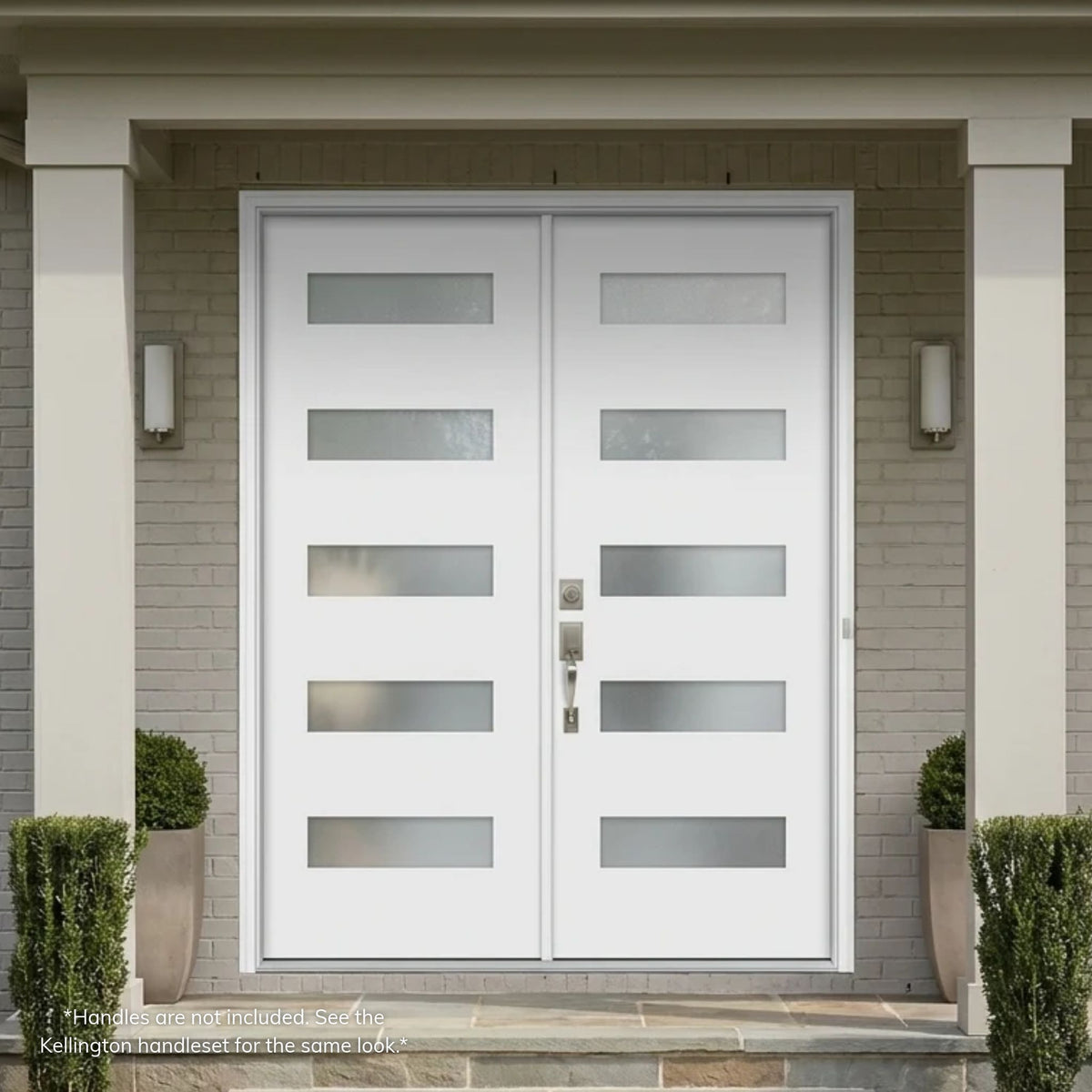 Modern white fiberglass double entry door with five frosted glass lites on each panel, set in the recessed porch of a painted brick home