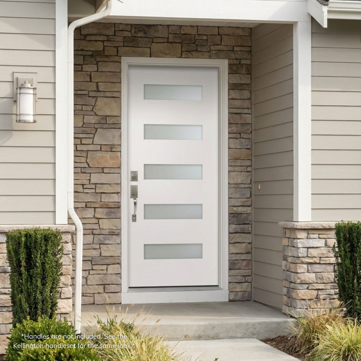 Fiberglass single entry door in a white finish with 5 stacked horizontal frosted glass lites, installed on a stone-clad home.