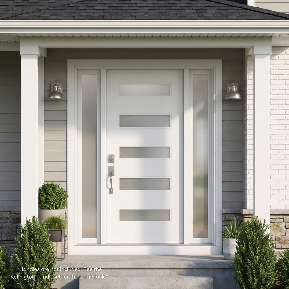 White fiberglass single entry door with five frosted horizontal lites and matching frosted glass sidelites on a home with gray lap siding and white brick accents