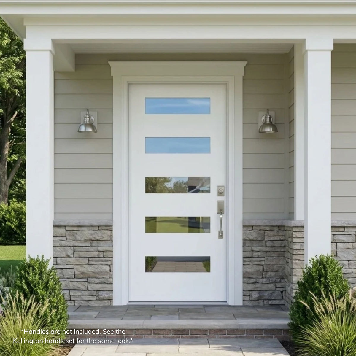 White fiberglass 5-lite single entry door with clear horizontal glass inserts on a contemporary home with lap siding and stacked stone veneer
