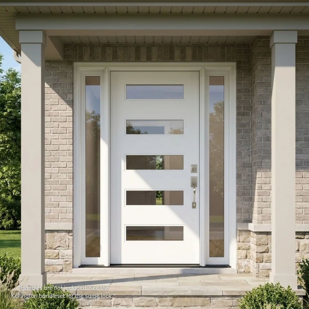 Modern white fiberglass single entry door with five horizontal clear glass lites and full-length clear sidelites, installed on a brick and stone ranch-style home with a covered front porch