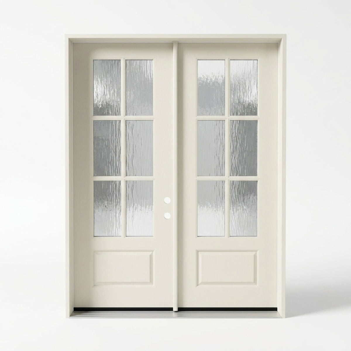 Fiberglass 6-lite SDL (simulated divided lite) double entry door, 60x80 inches, primed mahogany finish with visible wood-grain texture ready for paint or stain, featuring a 6 divided glass grille with flemish textured privacy glass on each door leaf and a raised bottom panel, left-hand inswing (LHI) configuration — ideal as a French-style front entry door.