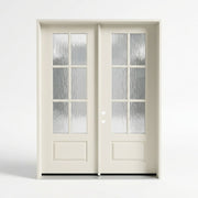 Fiberglass 6-lite SDL (simulated divided lite) double entry door, 60x80 inches, primed mahogany finish with visible wood-grain texture ready for paint or stain, featuring a6 divided glass grille with flemish textured privacy glass on each door leaf and a raised bottom panel, right-hand inswing (RHI) configuration — ideal as a French-style front entry door.