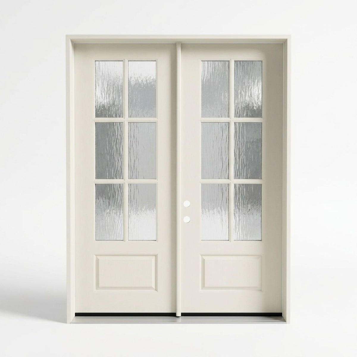 Fiberglass 6-lite SDL (simulated divided lite) double entry door, 60x80 inches, primed mahogany finish with visible wood-grain texture ready for paint or stain, featuring a6 divided glass grille with flemish textured privacy glass on each door leaf and a raised bottom panel, right-hand inswing (RHI) configuration — ideal as a French-style front entry door.