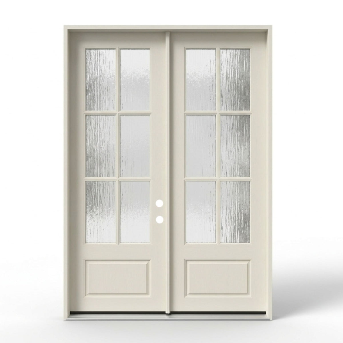 Fiberglass 6-lite SDL (simulated divided lite) double entry door, 60x92 inches, primed mahogany finish with visible wood-grain texture ready for paint or stain, featuring a 6divided glass grille with flemish textured privacy glass on each door leaf and a raised bottom panel, left-hand inswing (LHI) configuration.