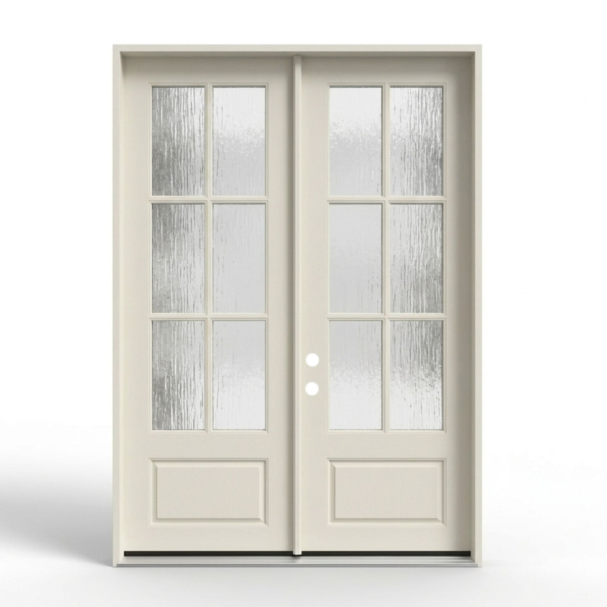Fiberglass 6-lite SDL (simulated divided lite) double entry door, 60x92 inches, primed mahogany finish with visible wood-grain texture ready for paint or stain, featuring a 3-over-3 divided glass grille with flemish textured privacy glass on each door leaf and a raised bottom panel, right-hand inswing (RHI) configuration.