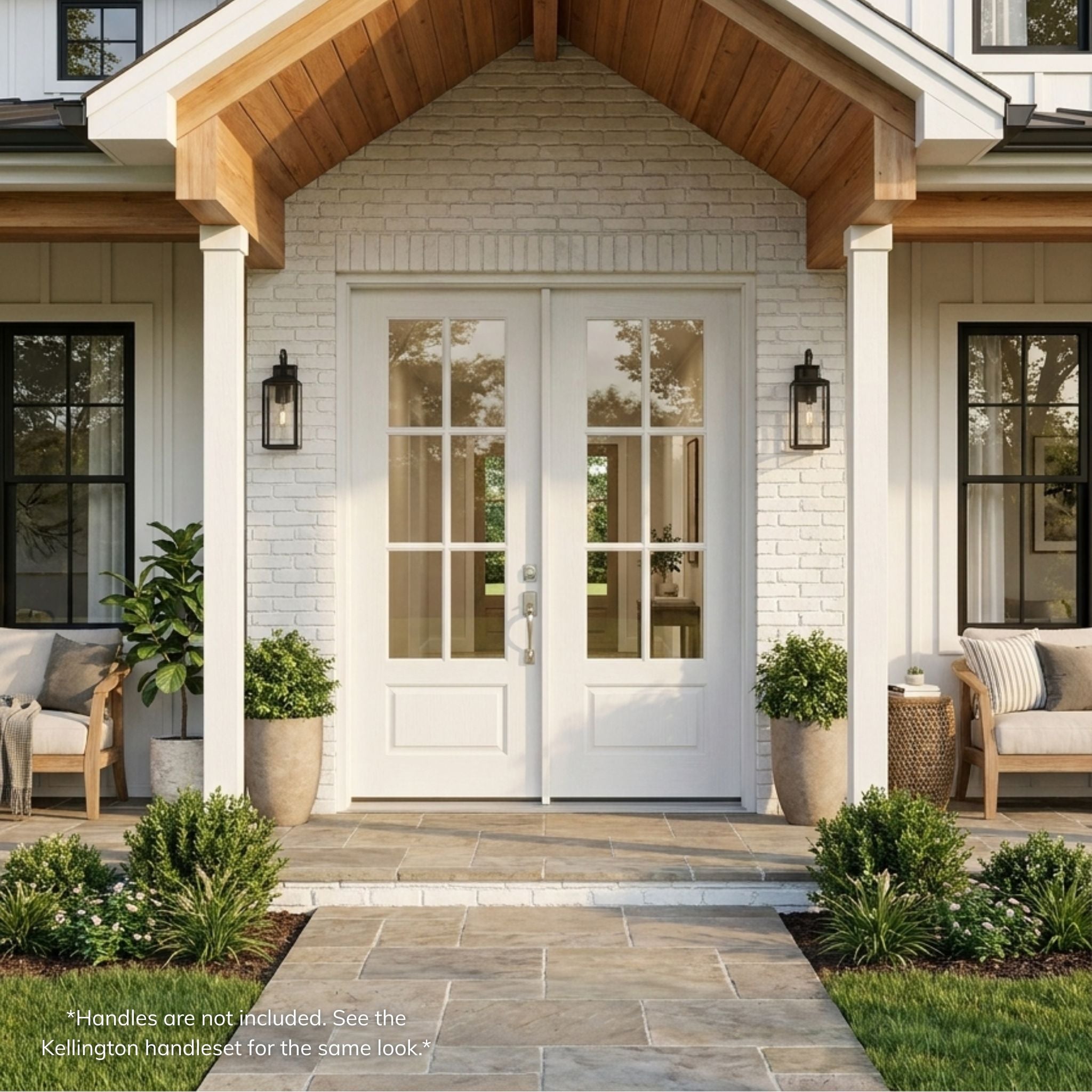 Fiberglass 6-lite SDL double entry door, primed white finish with mahogany wood grain texture and clear glass, installed on a white brick farmhouse exterior with covered entry