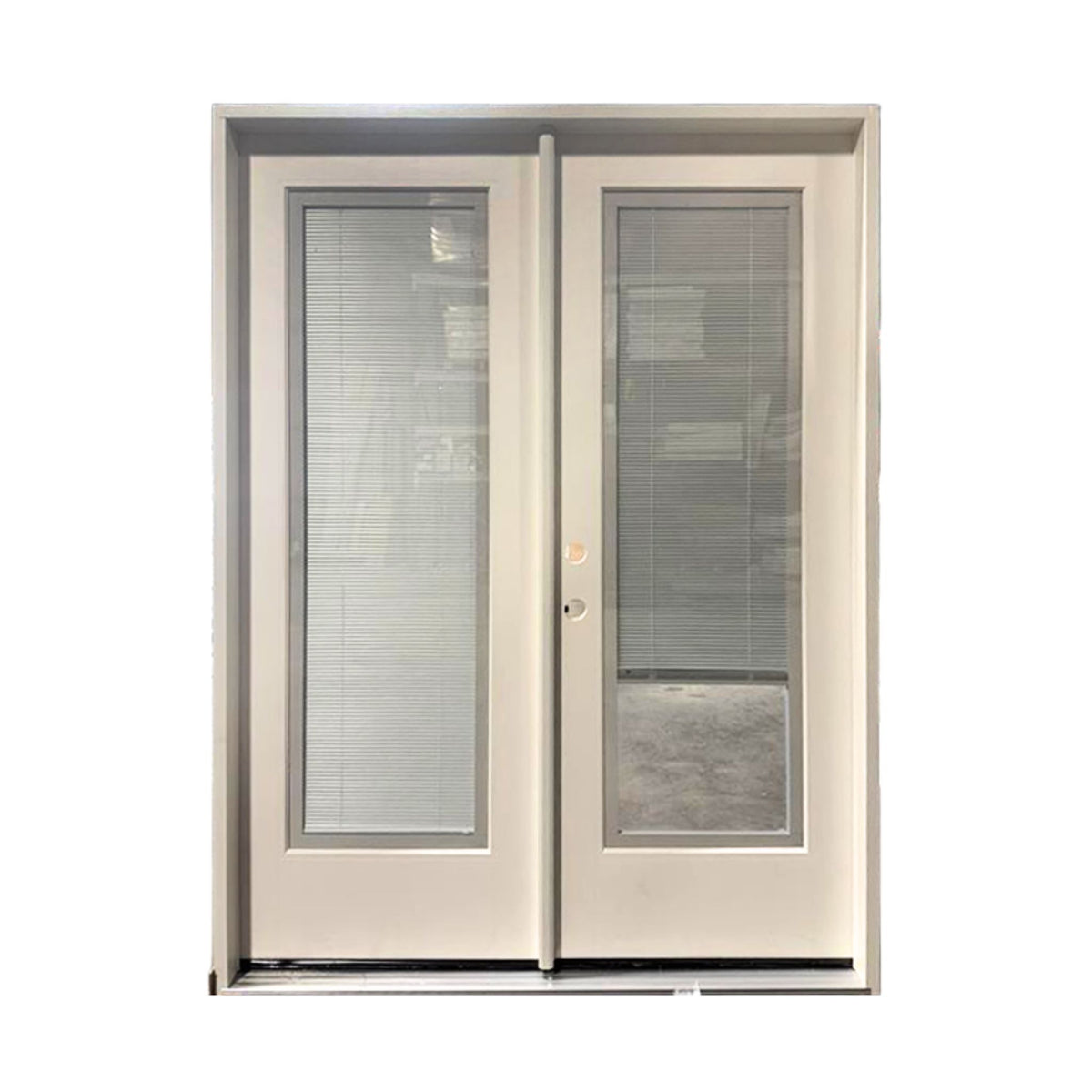 White flush glaze patio door with integrated blinds between glass panels