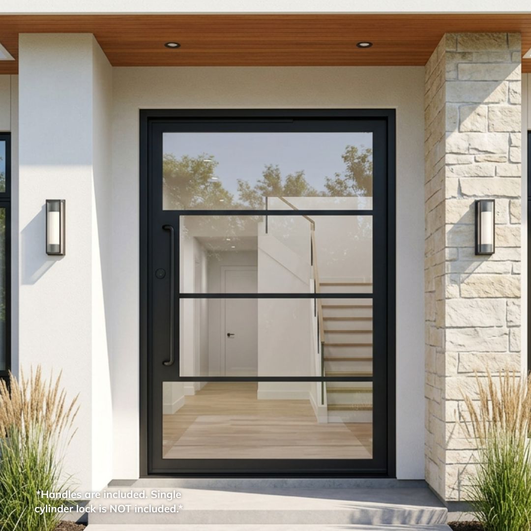 French steel 4-lite pivot entry door, matte black finish with clear glass horizontal lites, installed on a modern white stucco home exterior with stone pillar