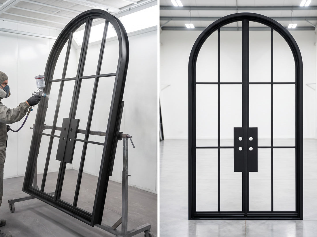 French steel process step 5 — Finish + hang: primed, painted, and pre-hung