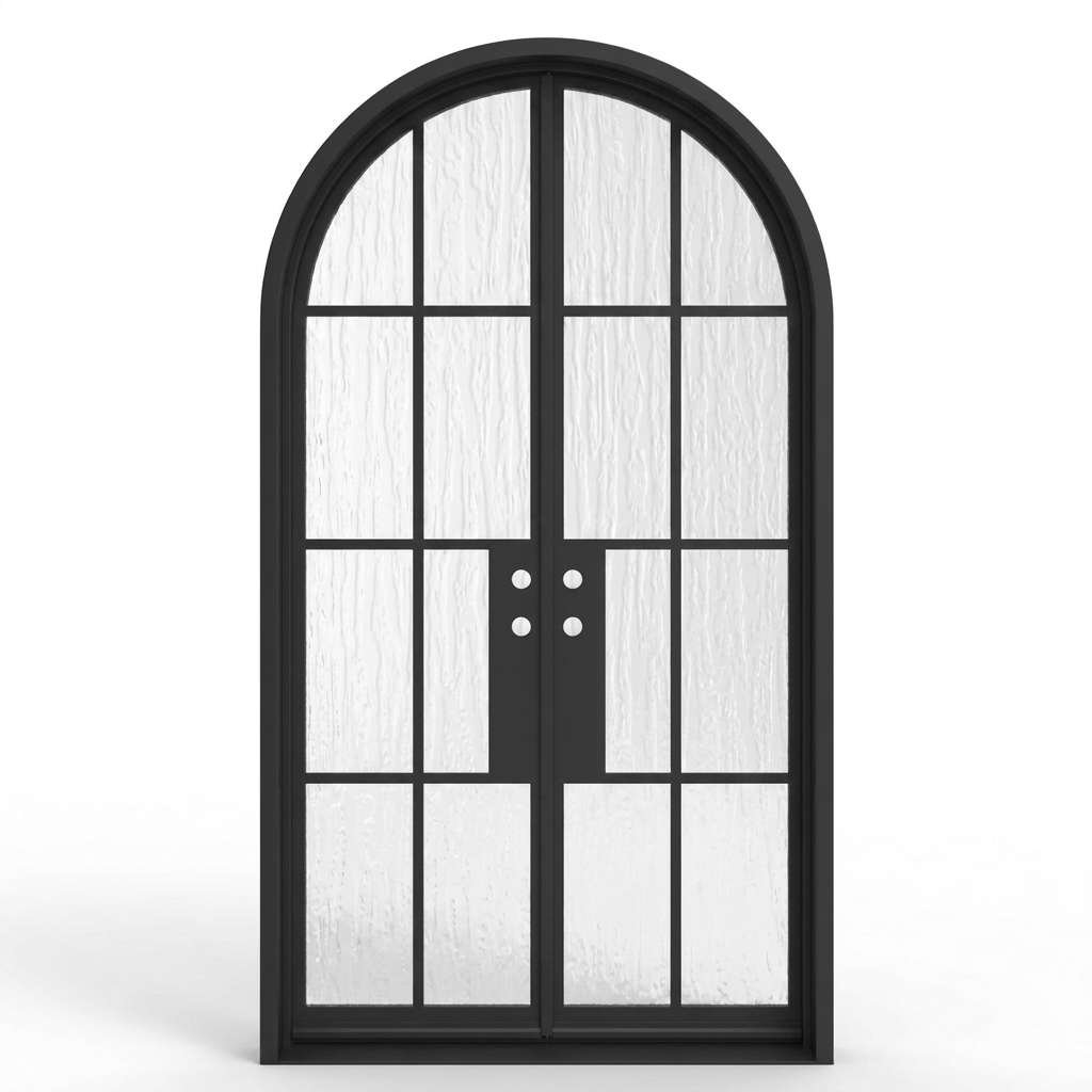 Contemporary 60.5 x 112.5 Geoffrey wrought iron front door in matte black with textured Flemish glass panels