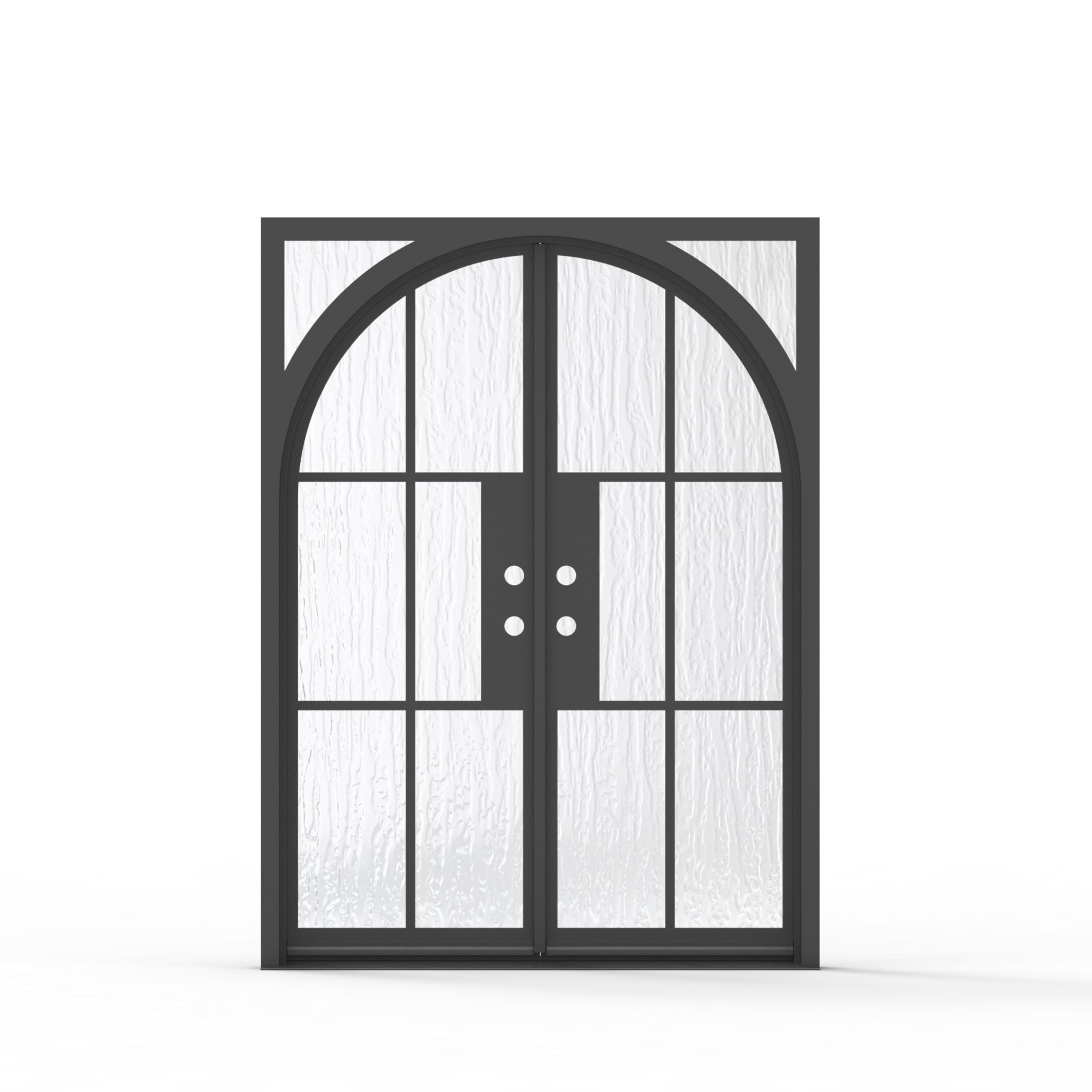 60.5 x 81.5 Geoffrey wrought iron entry door with arched frame and Flemish privacy glass