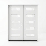 White fiberglass modern double entry door 60x80 inches, left-hand inswing, symmetrical five-lite clear glass design on each panel with an even stripe pattern across the full door width