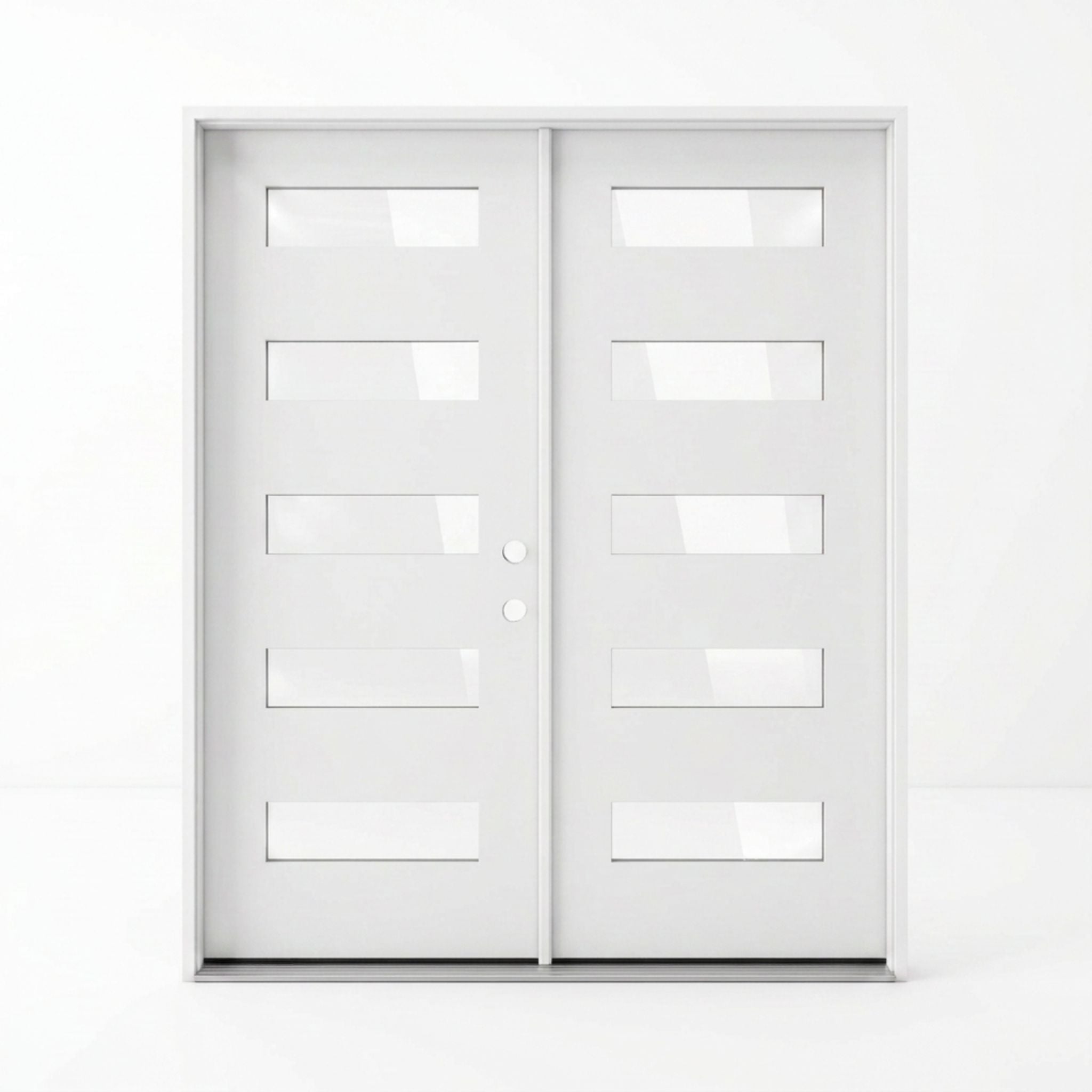 White fiberglass modern double entry door 60x80 inches, left-hand inswing, symmetrical five-lite clear glass design on each panel with an even stripe pattern across the full door width