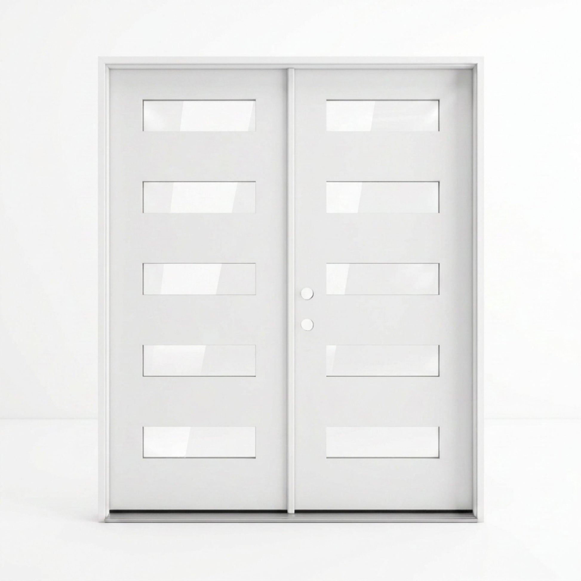 White fiberglass contemporary double entry door 60x80 inches, right-hand inswing, paired flat panel doors each featuring five equally spaced horizontal clear glass inserts for a sleek minimalist look