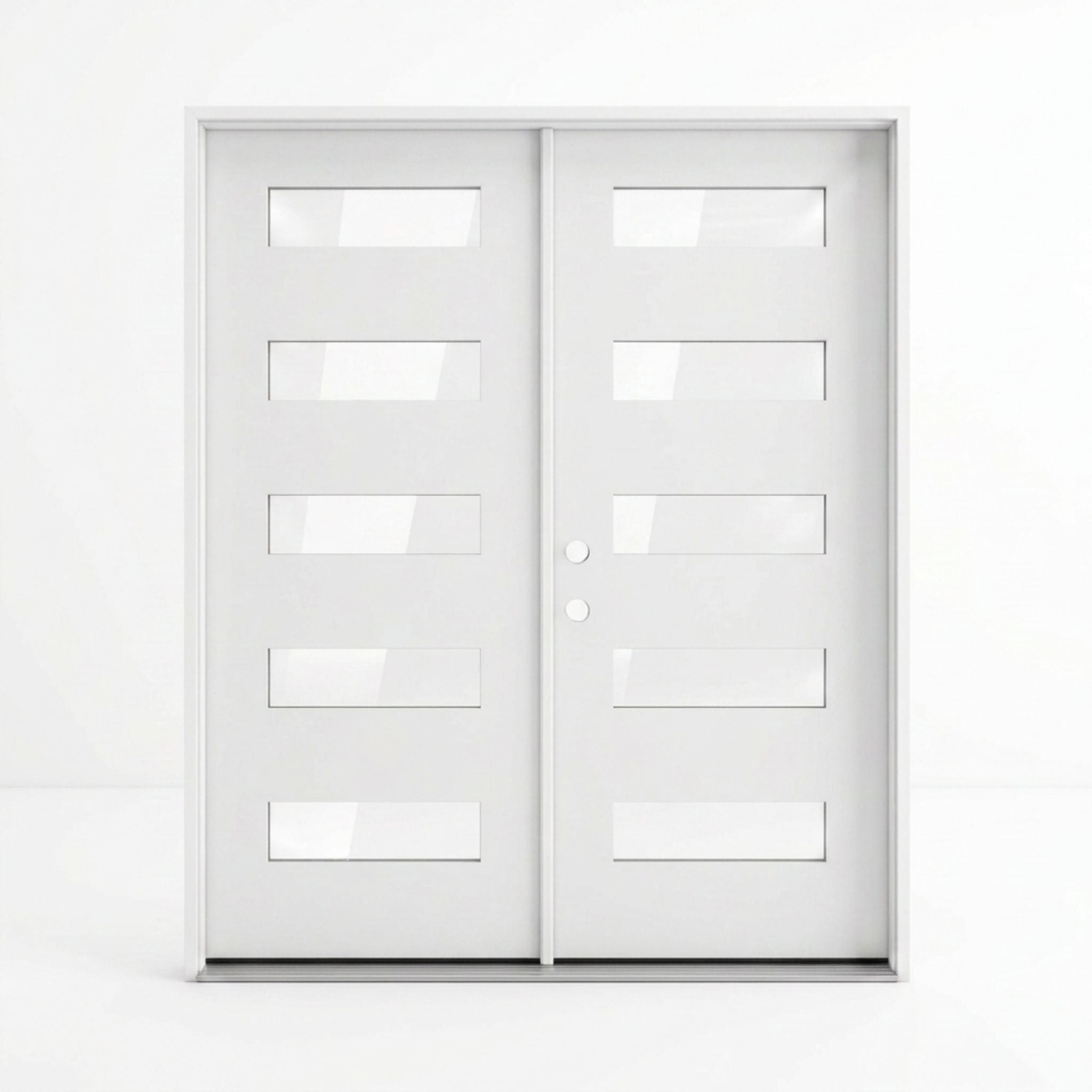 White fiberglass contemporary double entry door 60x80 inches, right-hand inswing, paired flat panel doors each featuring five equally spaced horizontal clear glass inserts for a sleek minimalist look