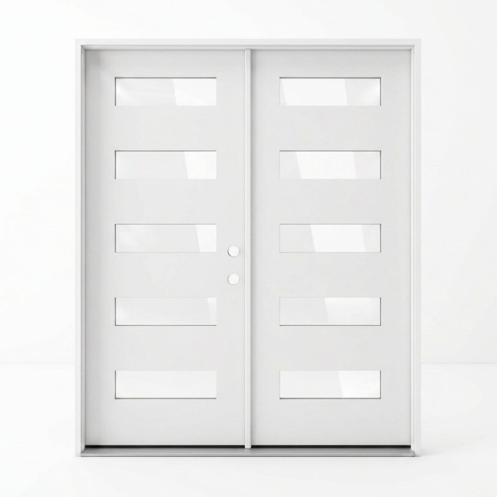 Modern white fiberglass double entry door 60x92 inches, left-hand inswing, ten matching horizontal clear glass lites across both panels creating a bold contemporary statement entry