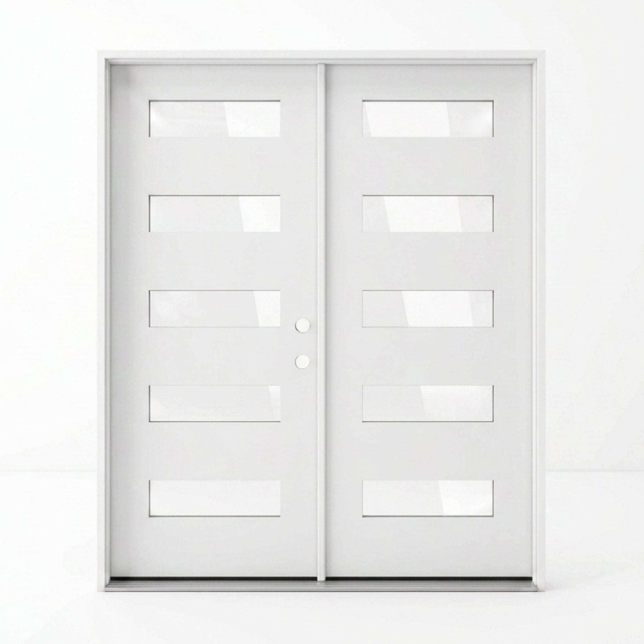 Modern white fiberglass double entry door 60x92 inches, left-hand inswing, ten matching horizontal clear glass lites across both panels creating a bold contemporary statement entry