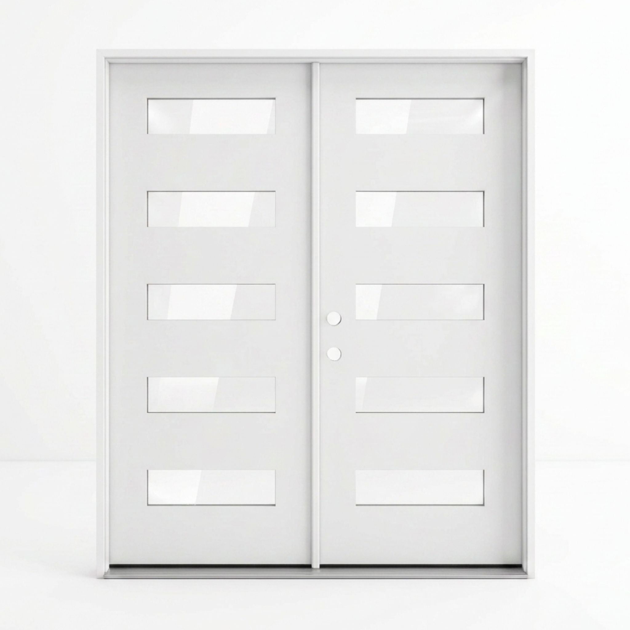 Contemporary white fiberglass double entry door 60x92 inches, right-hand inswing, five stacked clear glass lites per panel with a clean flat surface and minimalist frame profile