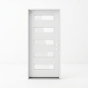 Modern white fiberglass single entry door 36x80 inches, left-hand inswing, five equally spaced clear glass panels set flush into a smooth flat panel door with a clean white finish